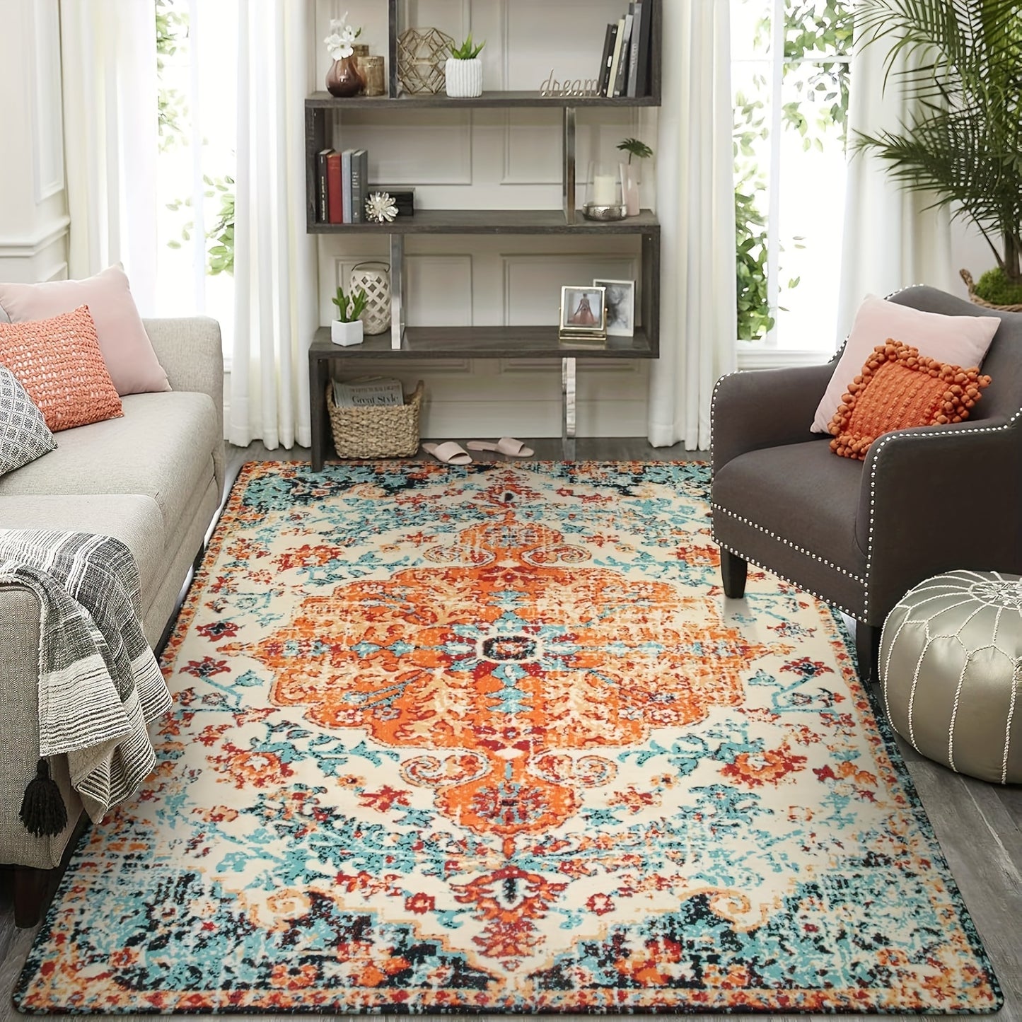 Bohemian Floral Medallion Area Rug - Oriental Distressed Bedroom Carpet Country Vintage Faux Wool Indoor Throw Mat Non-Slip Washable Low-Pile Carpet For Bathroom Living Kitchen Laundry Room