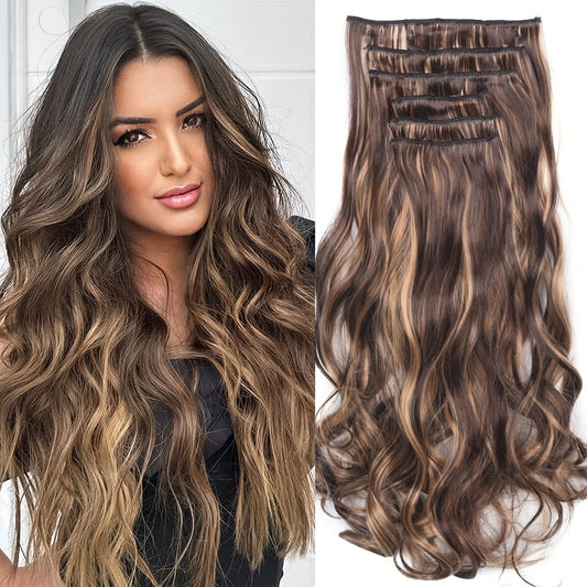 6pcs Heat Resistant 22" Clip-In Hair Extensions Suitable for Women - Body Wave Synthetic Hair with /Blonde Balayage ( & Honey Blonde), Double Weft for Volume, Clip-In Extensions for added Length/Waves, Easy Application