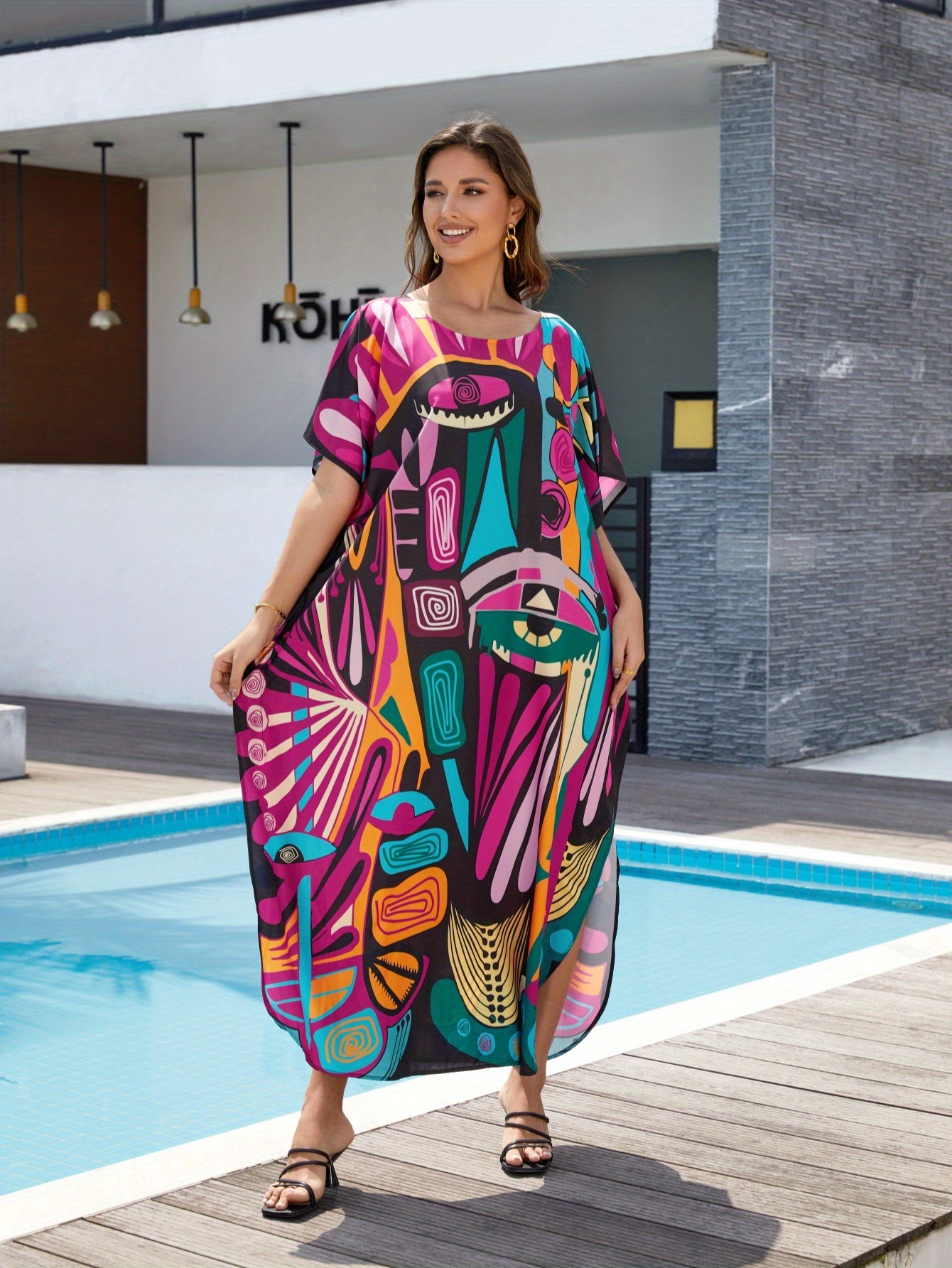 Women'S Plus Size Round Neck Short Sleeve Kaftan Dress Swimwear Tunic for Poolside & Tropical Vacation, Loose Fit Boho