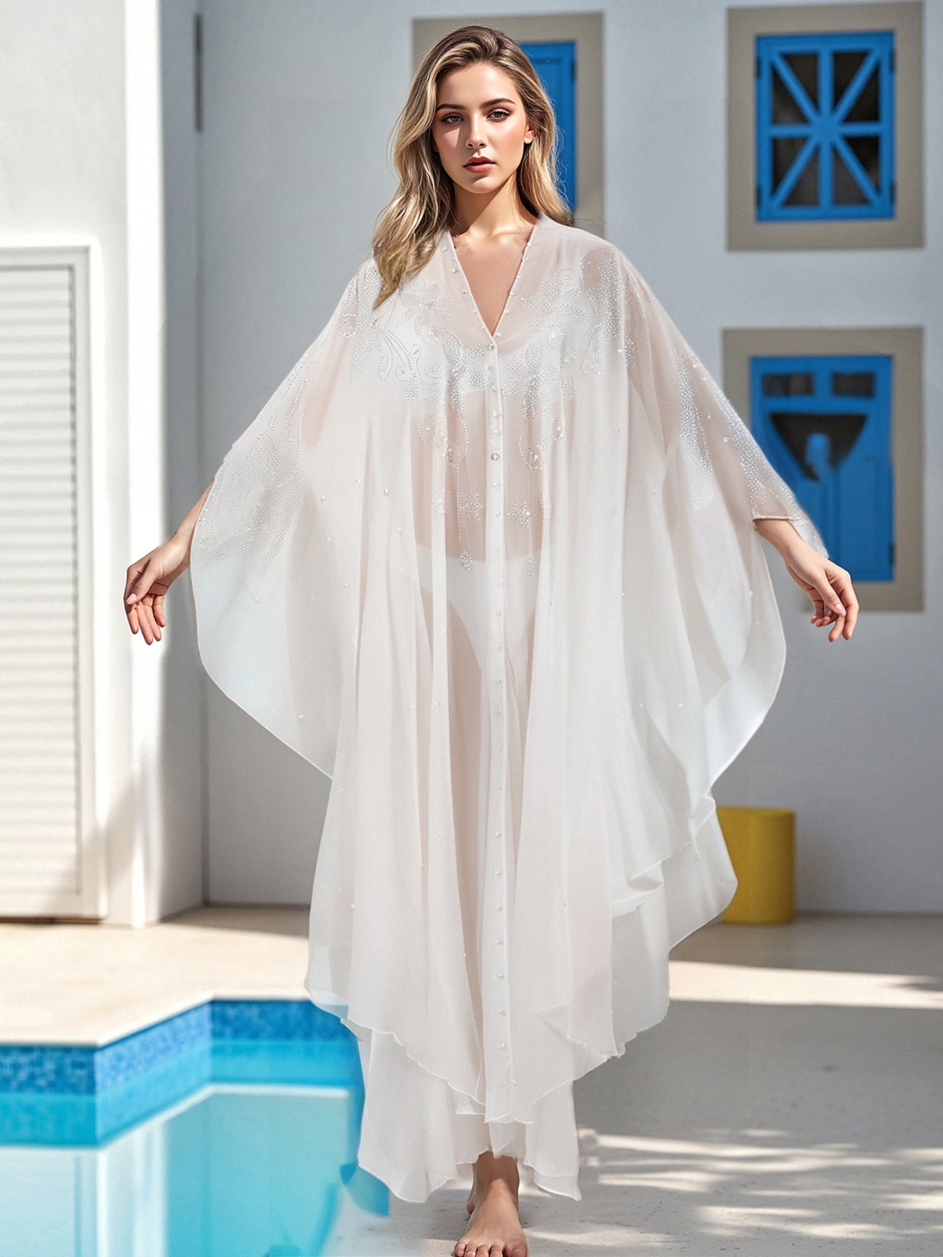 Women's Autumn Long Kaftan Dress Long Bat Sleeve Hooded Rhinestone Cape Arab Abaya Dress