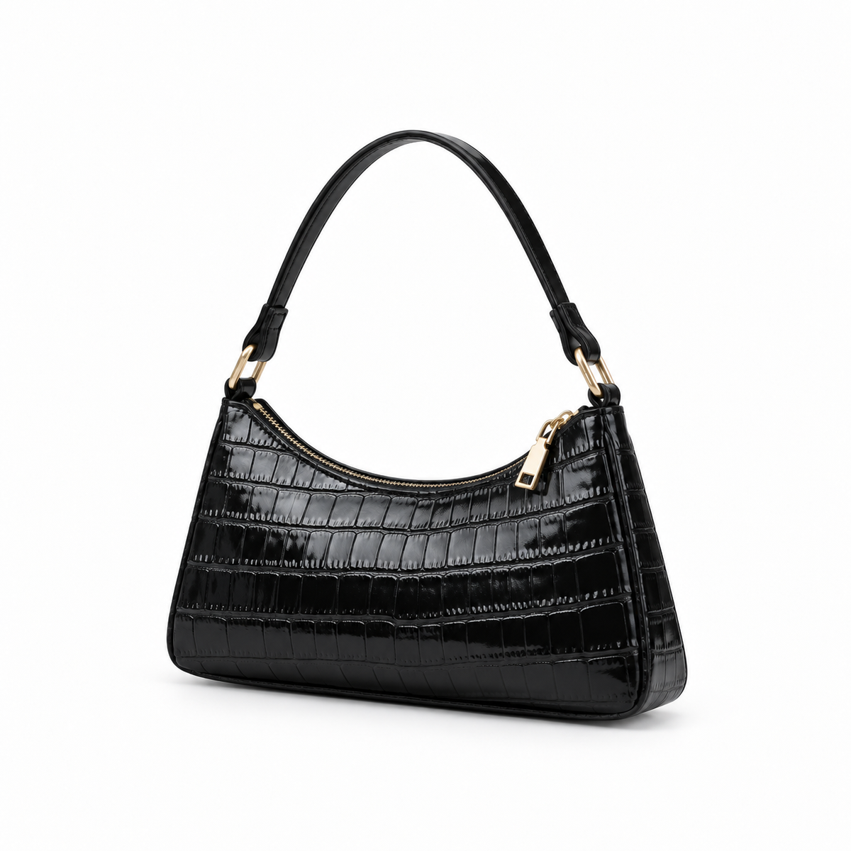 Glossy Croc Embossed Black Shoulder Bag