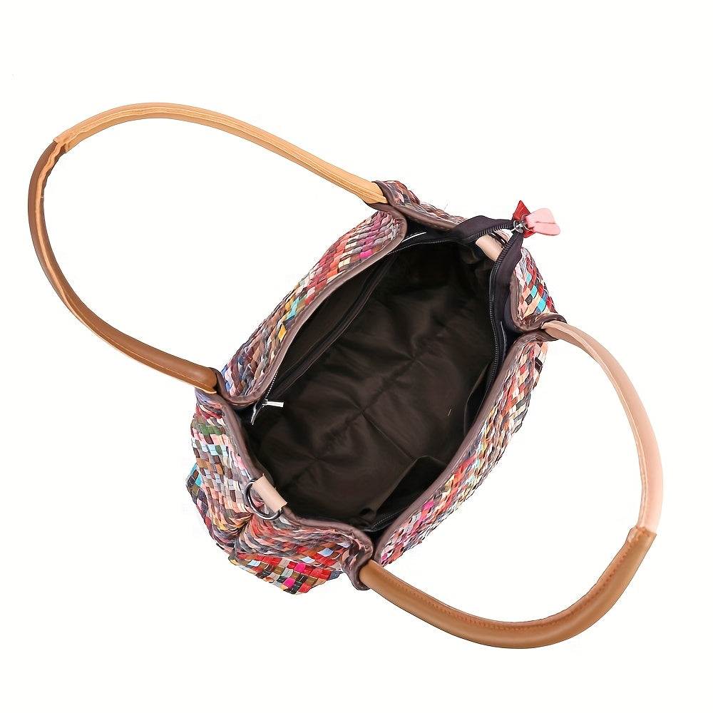 Genuine Leather Woven Women's Bag with Adjustable Crossbody Strap, Colorful Striped Design Options, Perfect for Casual or Formal Occasions
