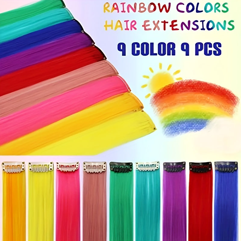 9pcs Colorful Hair Extension Clips Straight Hair Multicolor Hair Extensions Accessories Women Gift Party Highlights Wig Pieces for Women Cosplay Party Y2K Style
