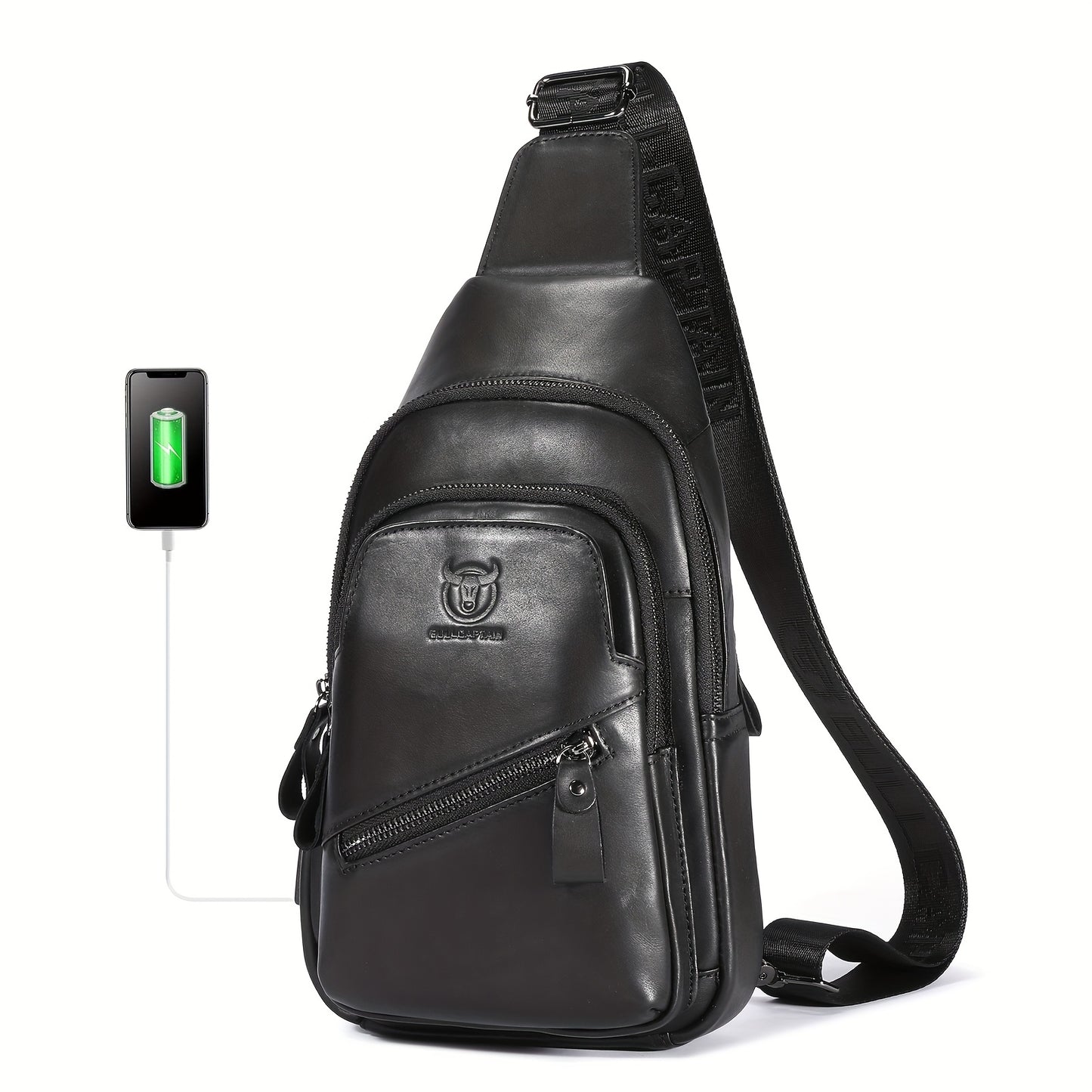 Men's Genuine Leather Sling Bag | Adjustable Crossbody & Chest Pack with USB Charging Port, Multiple Zipper Pockets