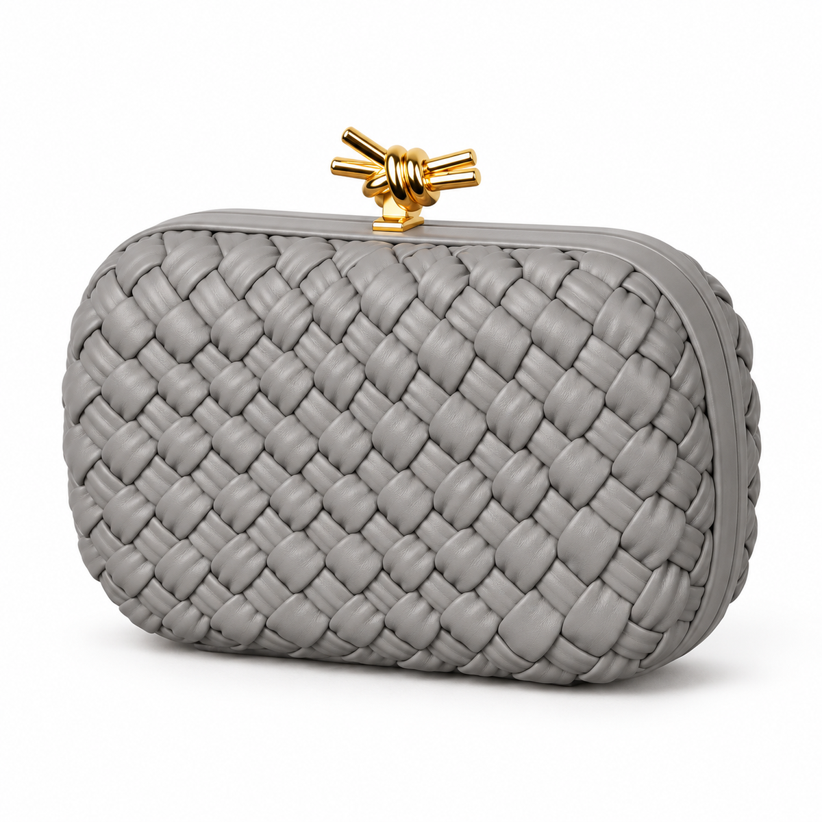 Grey Woven Clutch With Golden Knot