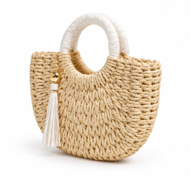 Natural Woven Raffia Round Handle Handbag