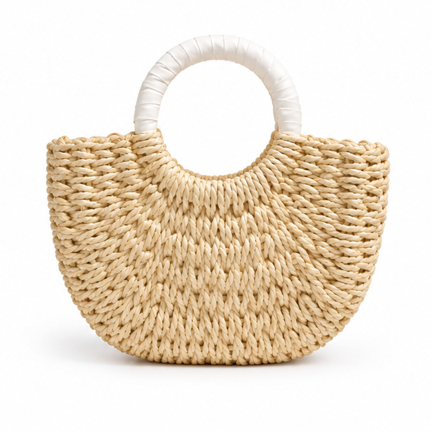 Natural Woven Raffia Round Handle Handbag