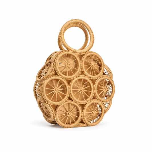 Handwoven Circular Rattan Statement Carry Bag