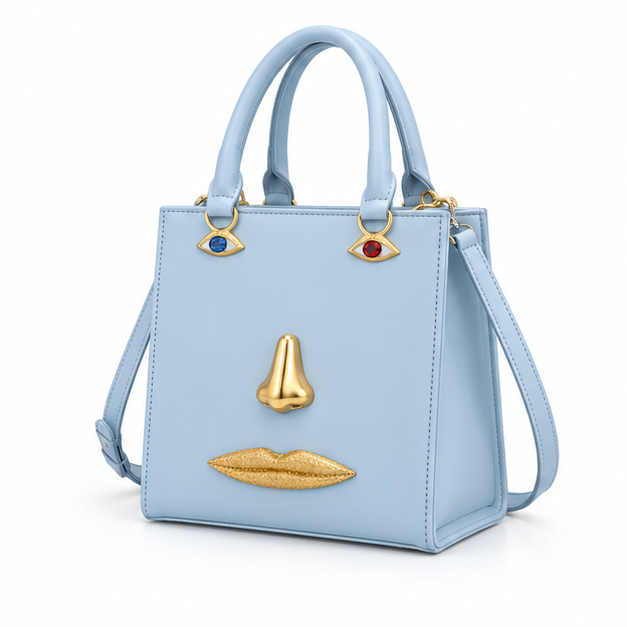 Ice Blue Artistic Face Structured Tote Handbag
