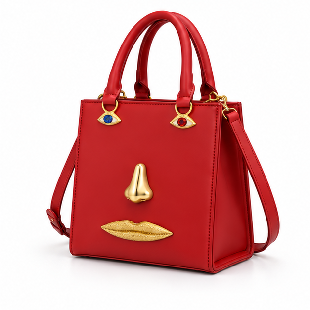 Red Artistic Face Structured Tote Handbag