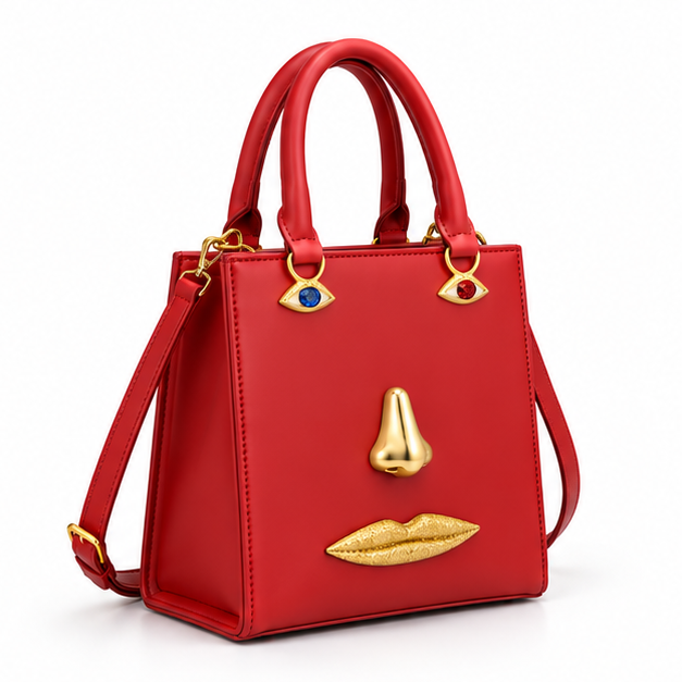 Red Artistic Face Structured Tote Handbag