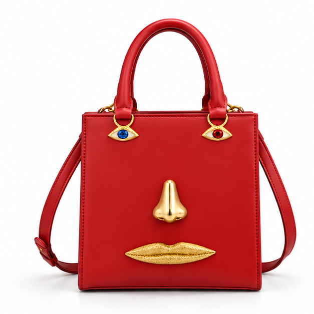 Red Artistic Face Structured Tote Handbag