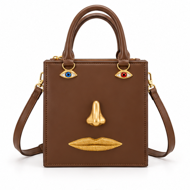 Brown Artistic Face Structured Tote Handbag