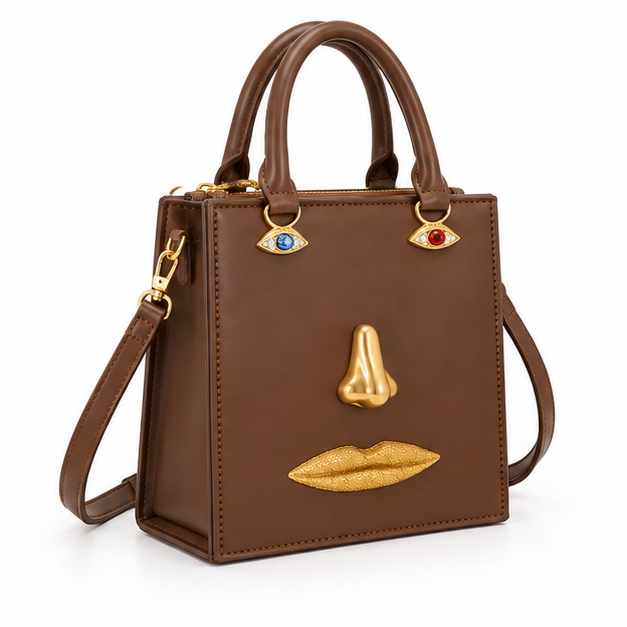 Brown Artistic Face Structured Tote Handbag