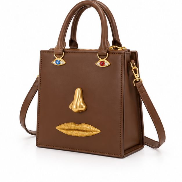 Brown Artistic Face Structured Tote Handbag