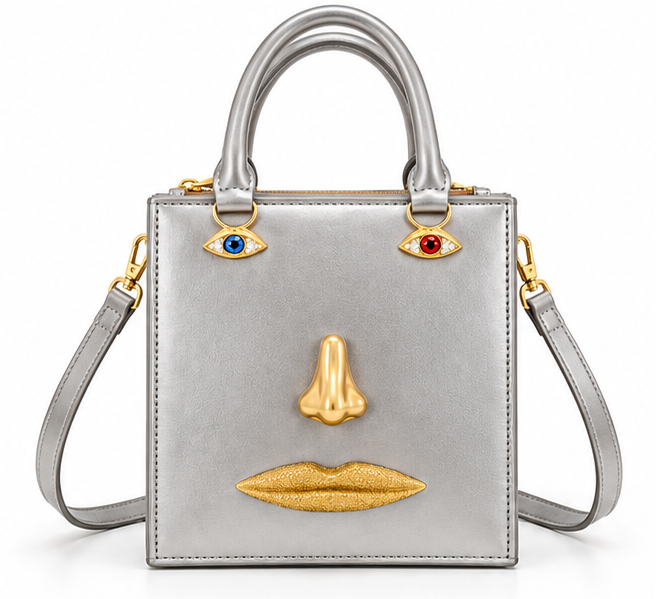 Silver Artistic Face Structured Tote Handbag