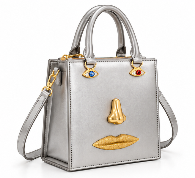Silver Artistic Face Structured Tote Handbag