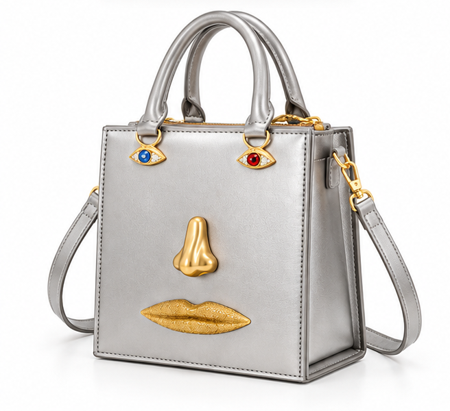 Silver Artistic Face Structured Tote Handbag