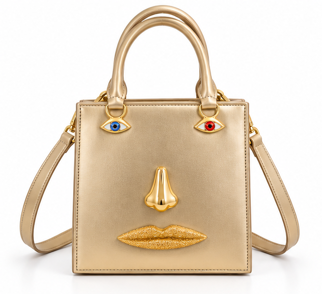 Gold Sculptural Face Structured Tote Handbag