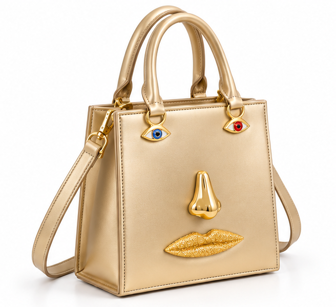 Gold Sculptural Face Structured Tote Handbag