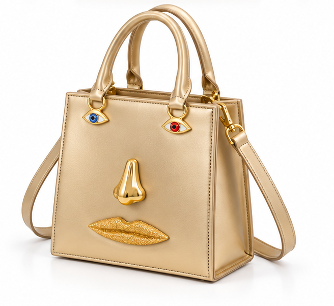 Gold Sculptural Face Structured Tote Handbag