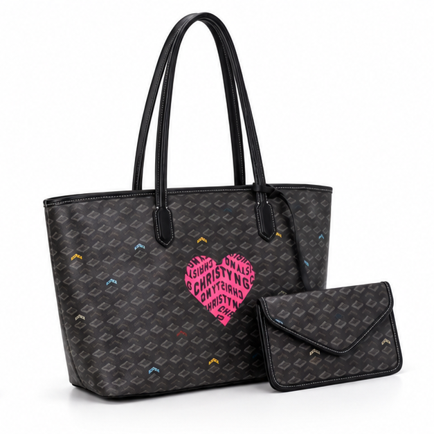 Heart Print Patterned Tote Pouch Set