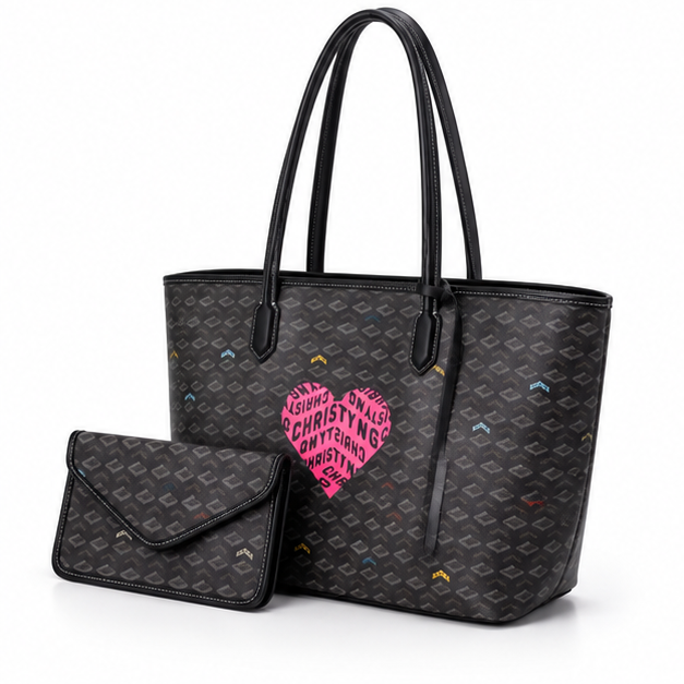 Heart Print Patterned Tote Pouch Set