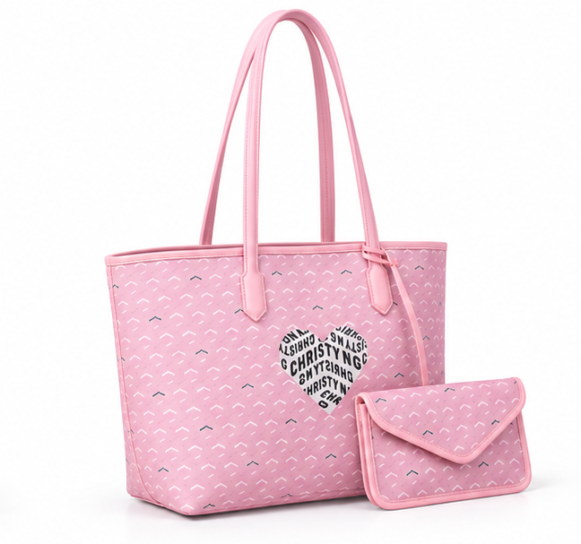 Pink Heart Pattern Tote With Pouch