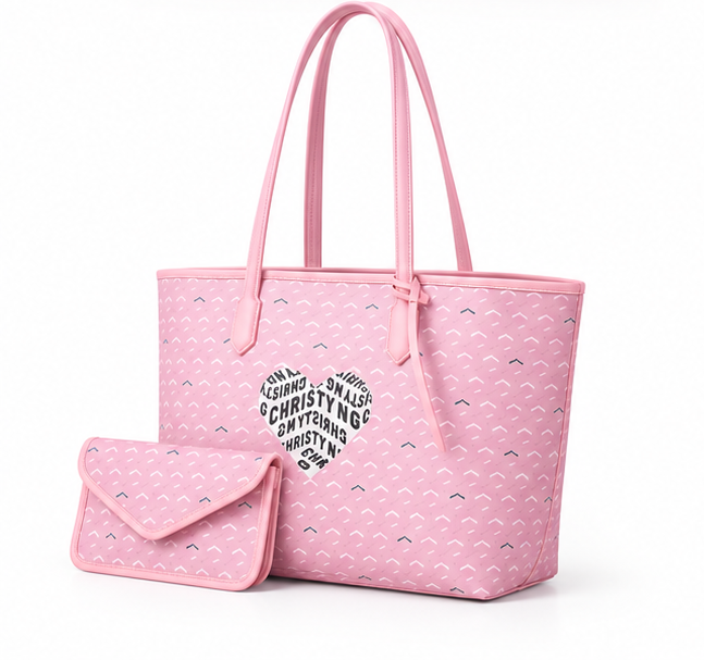 Pink Heart Pattern Tote With Pouch