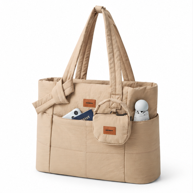Coffee Quilted Multi-Pocket Travel Tote Bag