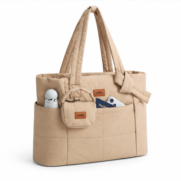 Coffee Quilted Multi-Pocket Travel Tote Bag