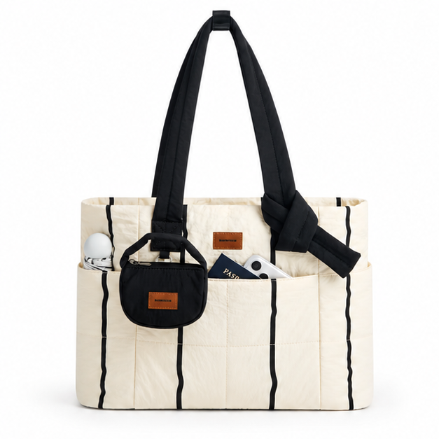 Quilted Striped Multi-Pocket Shoulder Tote Bag
