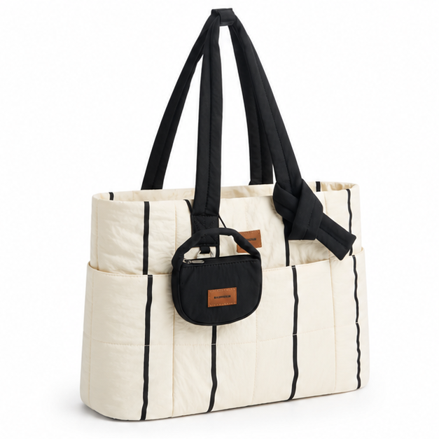 Quilted Striped Multi-Pocket Shoulder Tote Bag