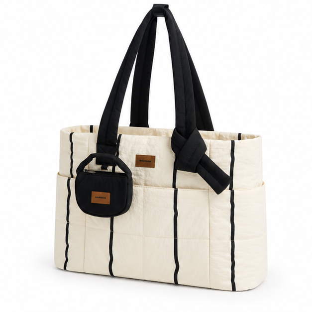 Quilted Striped Multi-Pocket Shoulder Tote Bag