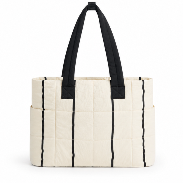 Quilted Striped Multi-Pocket Shoulder Tote Bag