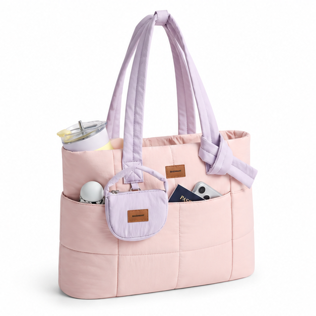 Pastel Quilted Multi-Pocket Travel Tote Bag