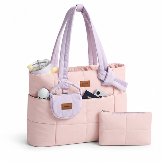 Pastel Quilted Multi-Pocket Travel Tote Bag