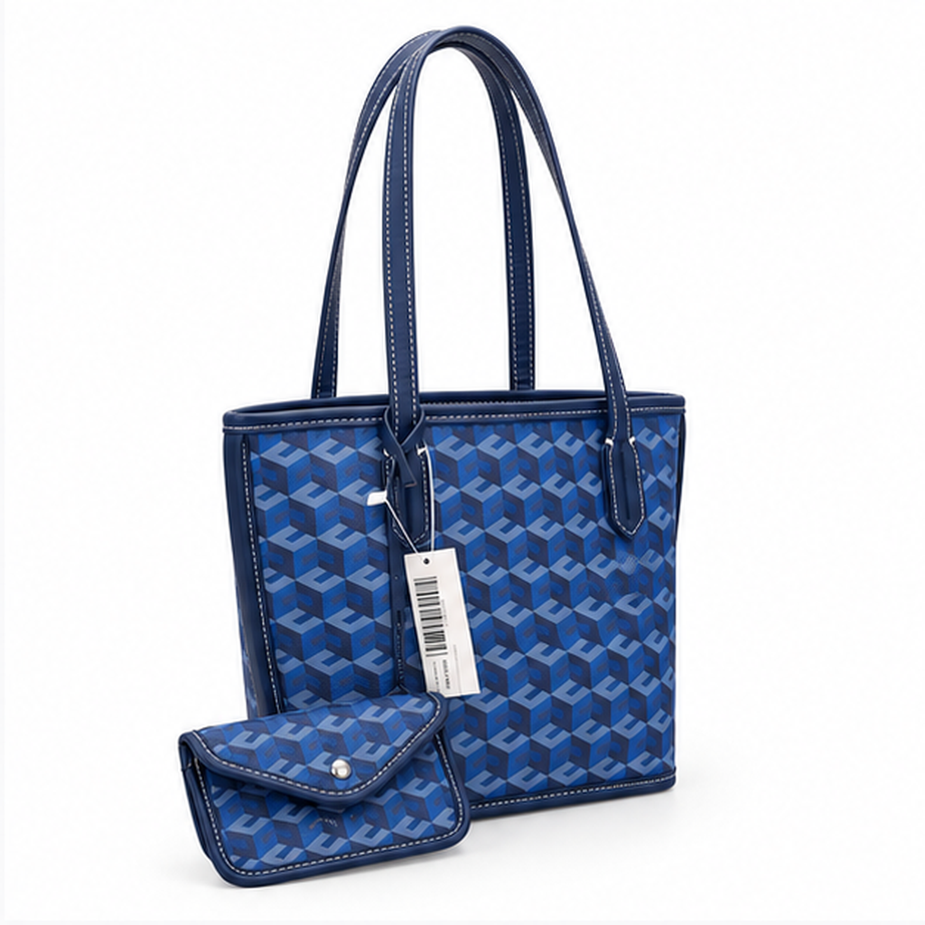 Blue Geometric Pattern Structured Tote Handbag