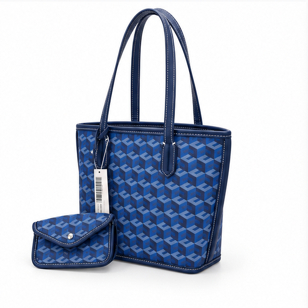 Blue Geometric Pattern Structured Tote Handbag