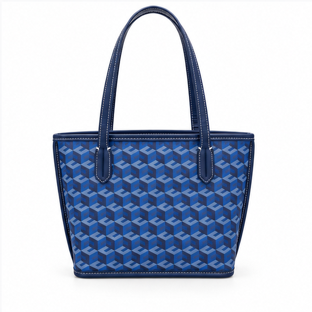 Blue Geometric Pattern Structured Tote Handbag