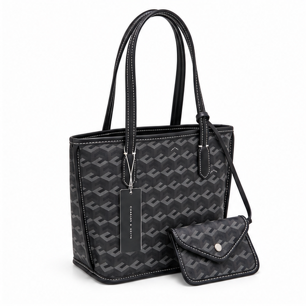 Monogram Pattern Tote With Matching Pouch