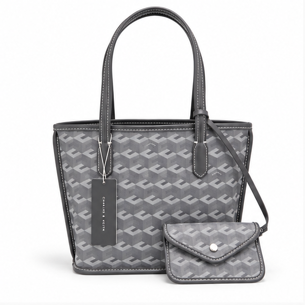 Grey Monogram Tote With Matching Pouch