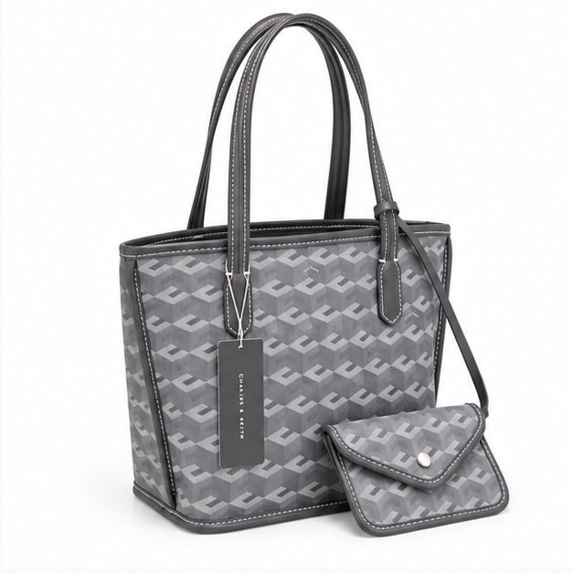 Grey Monogram Tote With Matching Pouch
