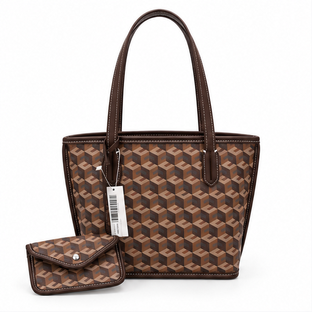Brown Geometric Pattern Structured Tote Handbag
