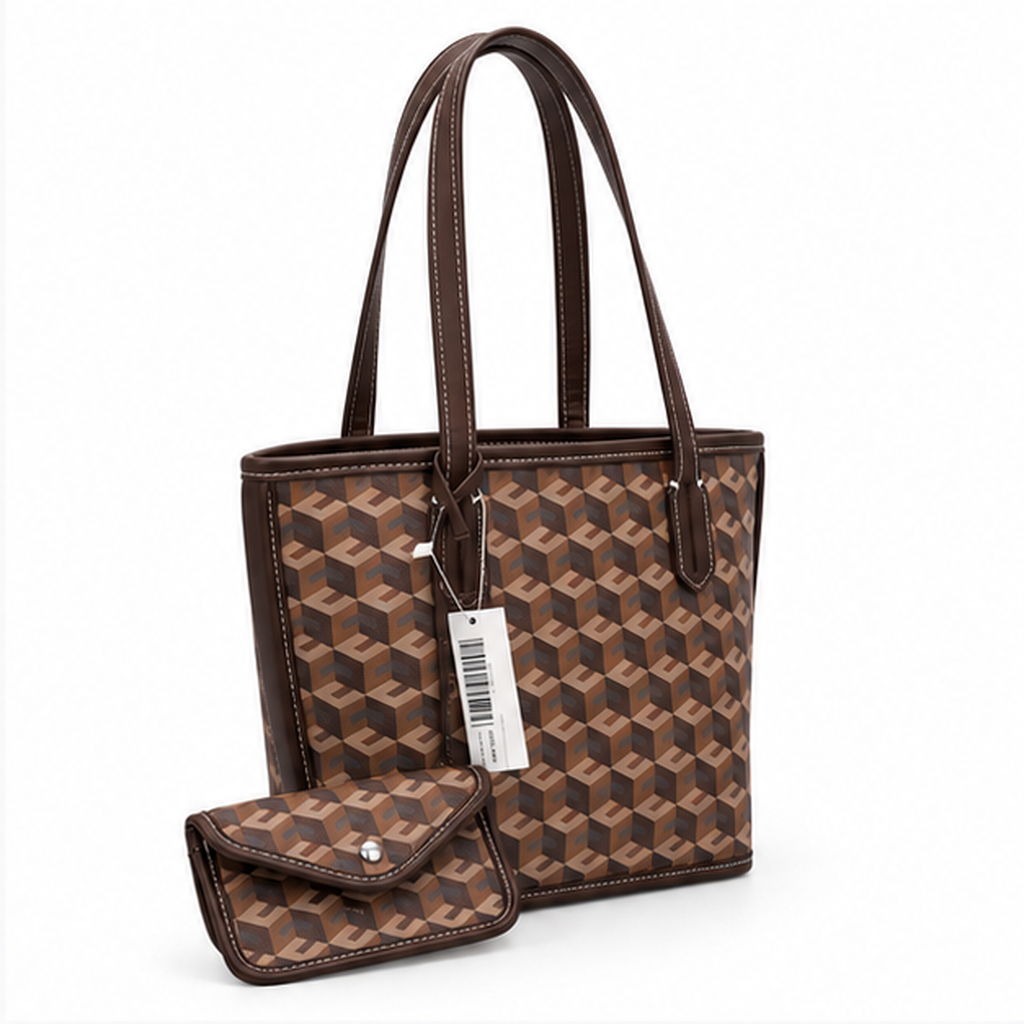 Brown Geometric Pattern Structured Tote Handbag