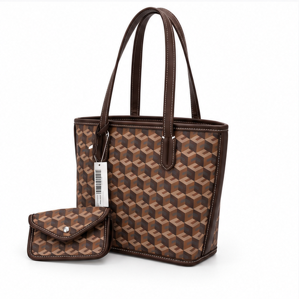 Brown Geometric Pattern Structured Tote Handbag