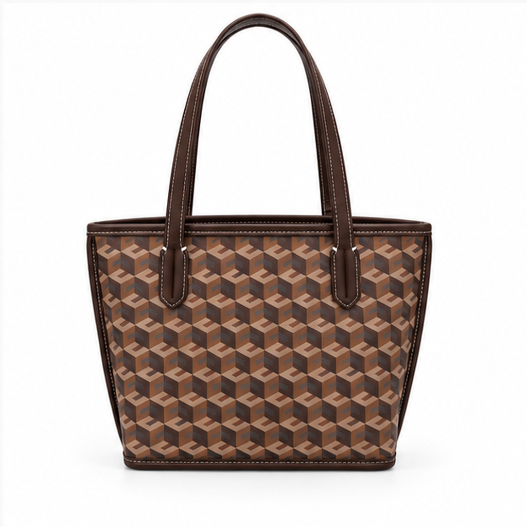 Brown Geometric Pattern Structured Tote Handbag