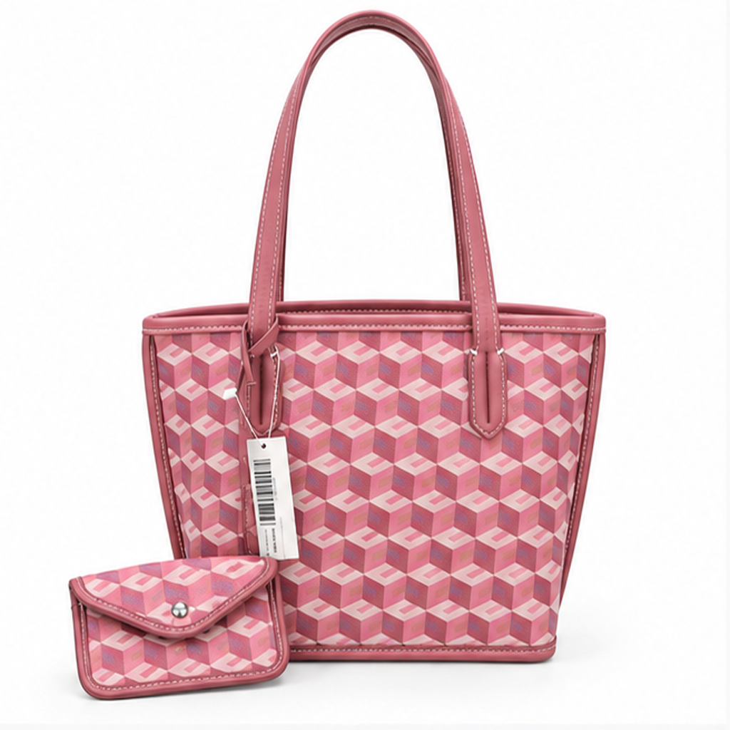 Pink Geometric Pattern Structured Tote Handbag