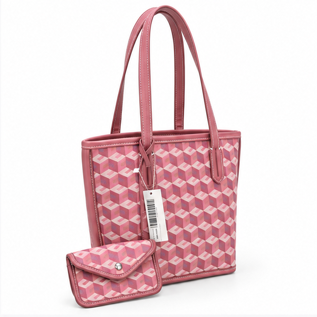 Pink Geometric Pattern Structured Tote Handbag