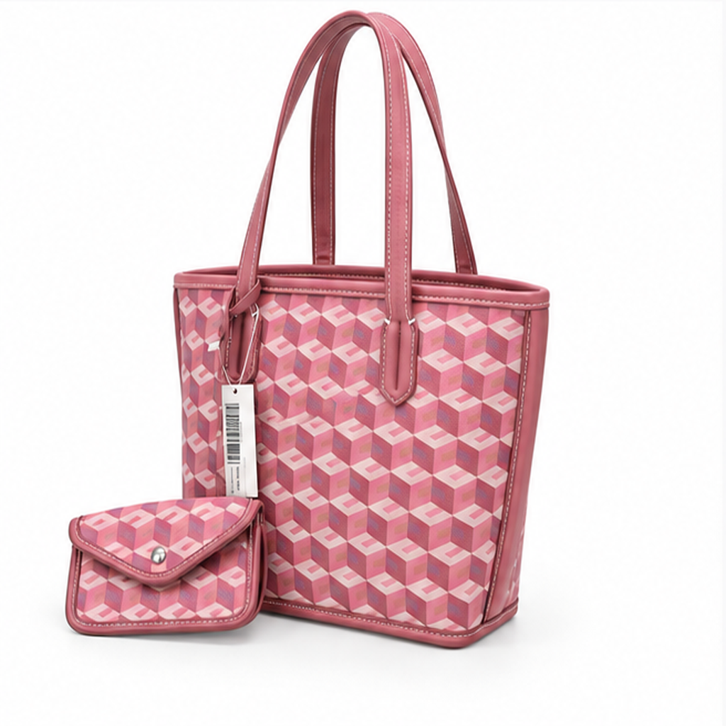 Pink Geometric Pattern Structured Tote Handbag